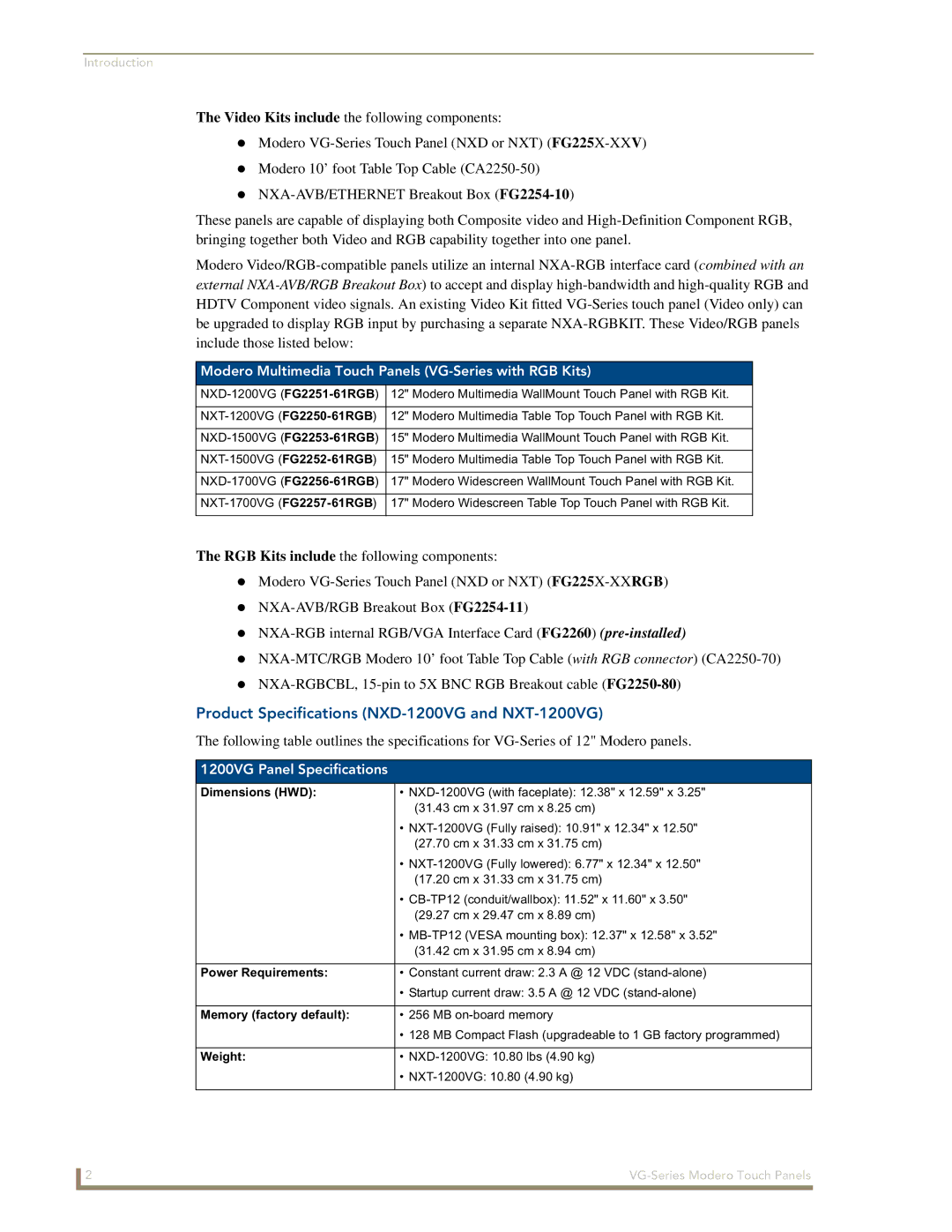 AMX NXD/NXT-1500VG, NXD/NXT-1700VG manual Product Specifications NXD-1200VG and NXT-1200VG, 1200VG Panel Specifications 