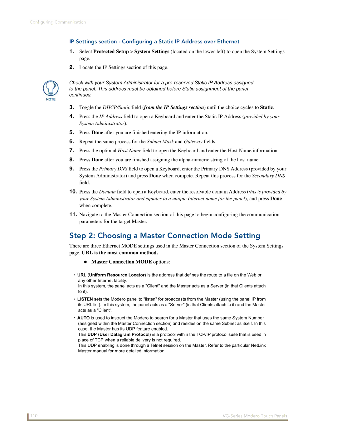 AMX NXD/NXT-1500VG, NXD/NXT-1700VG, NXD/NXT-1200VG manual Choosing a Master Connection Mode Setting 