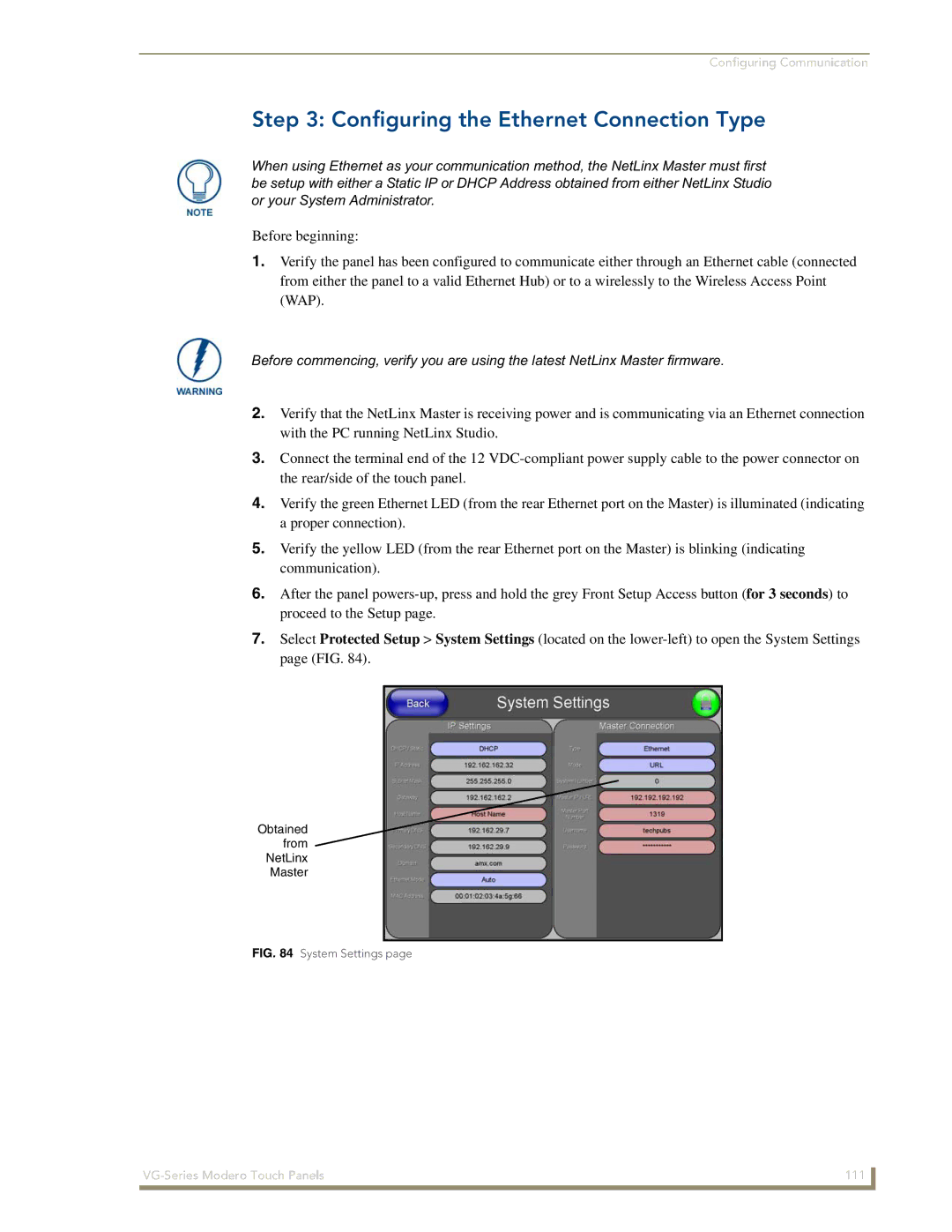 AMX NXD/NXT-1700VG, NXD/NXT-1500VG, NXD/NXT-1200VG manual Configuring the Ethernet Connection Type, System Settings 