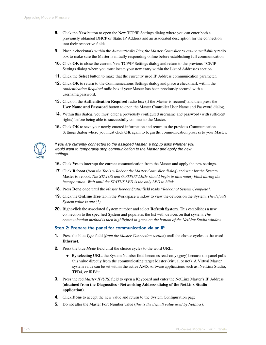 AMX NXD/NXT-1700VG, NXD/NXT-1500VG, NXD/NXT-1200VG manual Prepare the panel for communication via an IP 