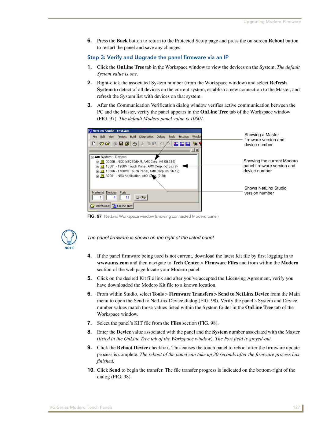 AMX NXD/NXT-1200VG, NXD/NXT-1500VG, NXD/NXT-1700VG manual Verify and Upgrade the panel firmware via an IP 