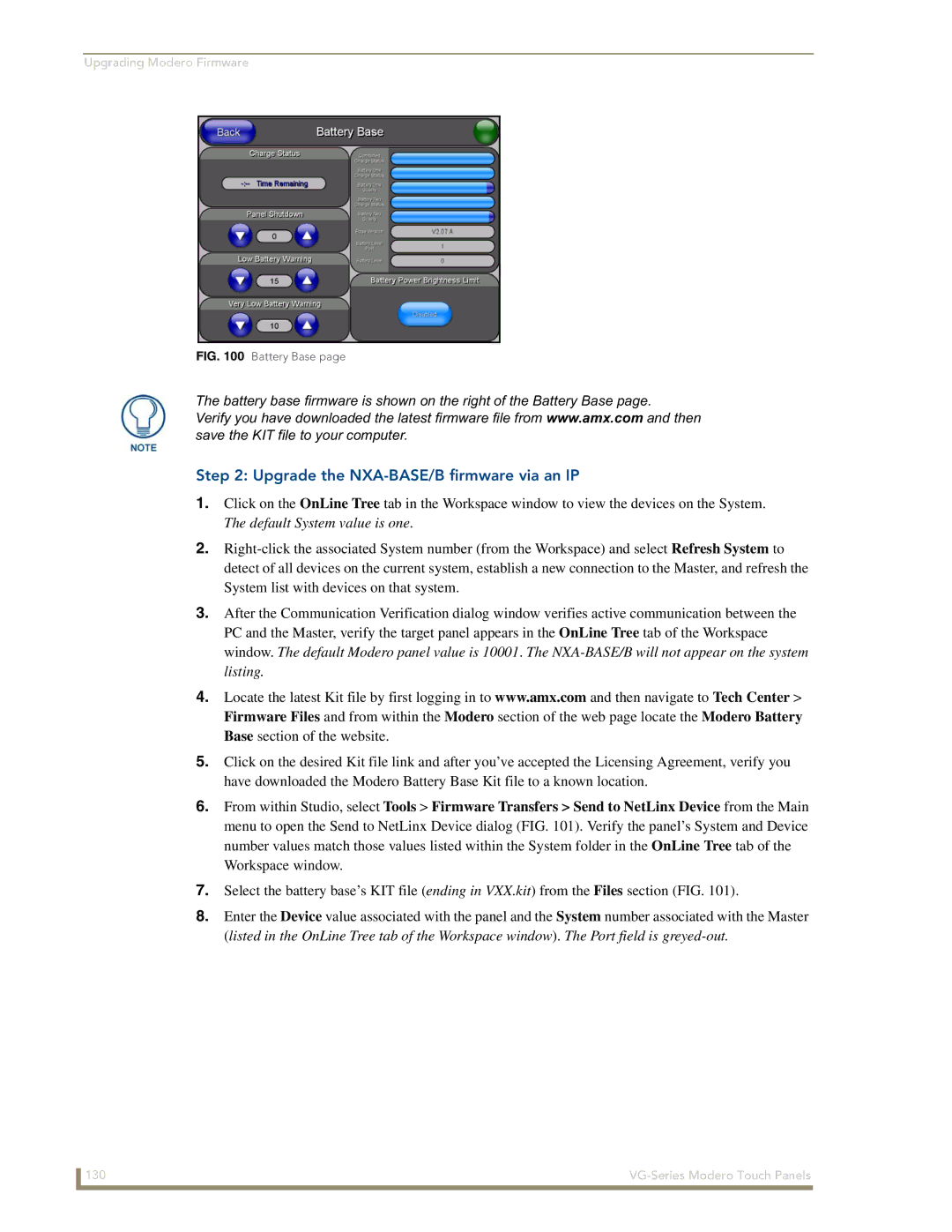 AMX NXD/NXT-1200VG, NXD/NXT-1500VG, NXD/NXT-1700VG manual Upgrade the NXA-BASE/B firmware via an IP, Battery Base 