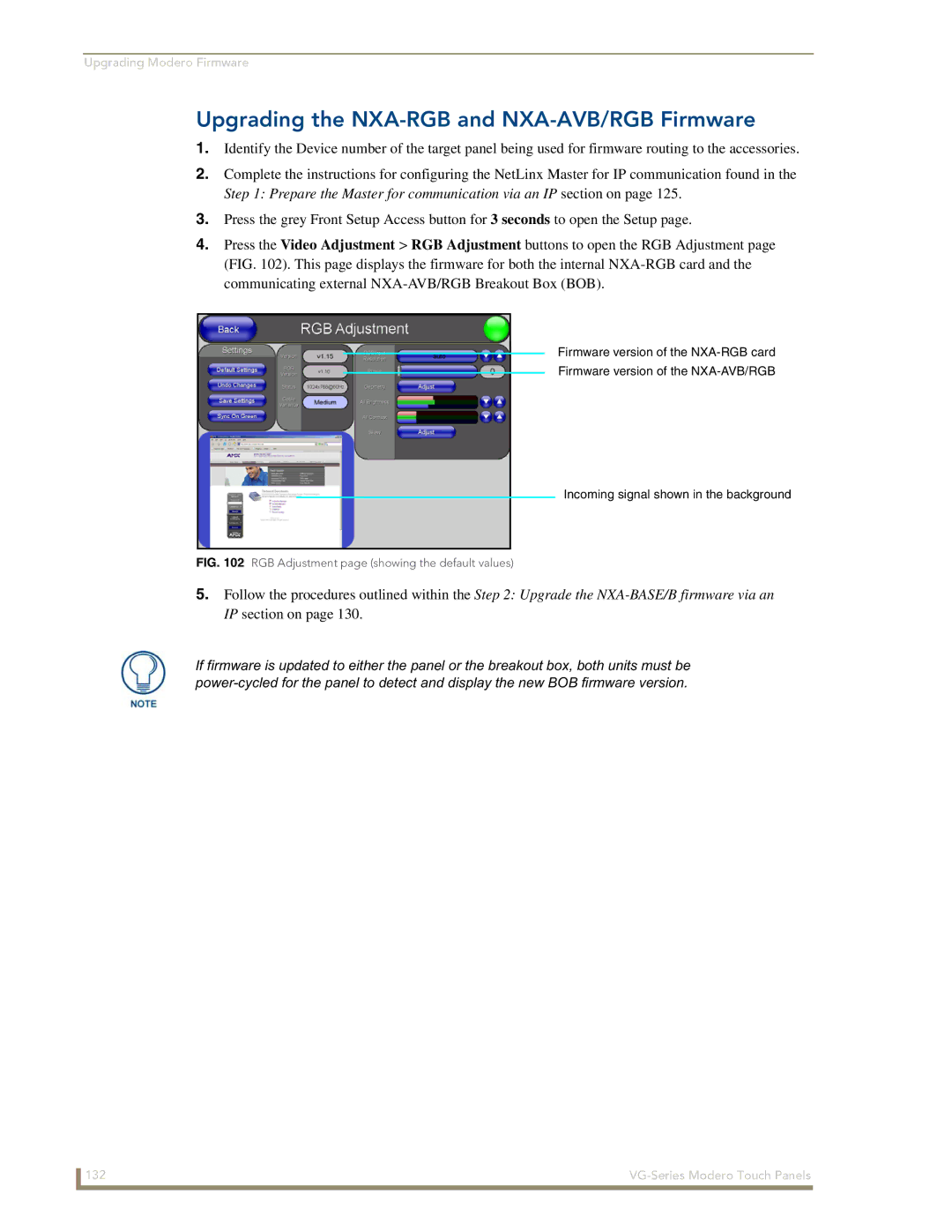 AMX NXD/NXT-1700VG manual Upgrading the NXA-RGB and NXA-AVB/RGB Firmware, RGB Adjustment page showing the default values 