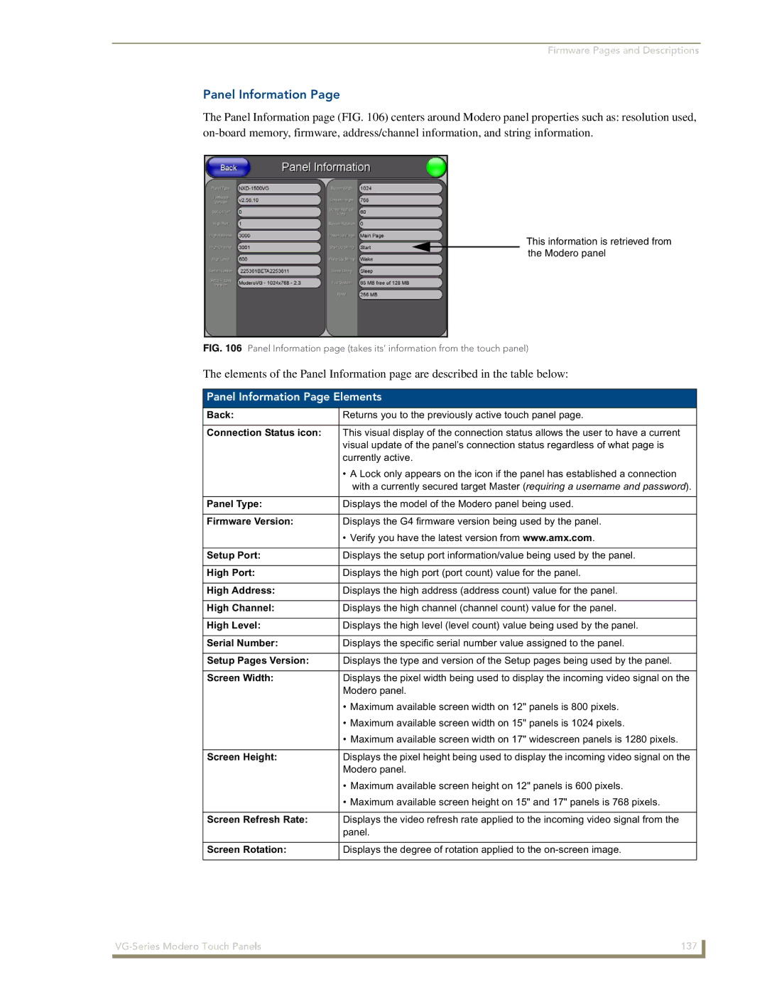 AMX NXD/NXT-1500VG, NXD/NXT-1700VG, NXD/NXT-1200VG manual Panel Information Page Elements 