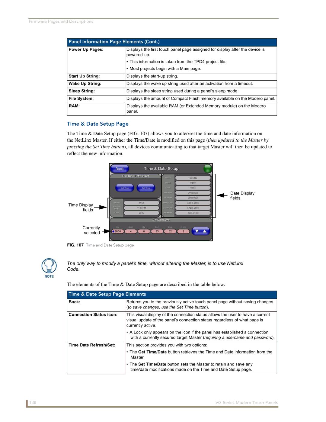 AMX NXD/NXT-1700VG, NXD/NXT-1500VG, NXD/NXT-1200VG manual Time & Date Setup Page Elements 