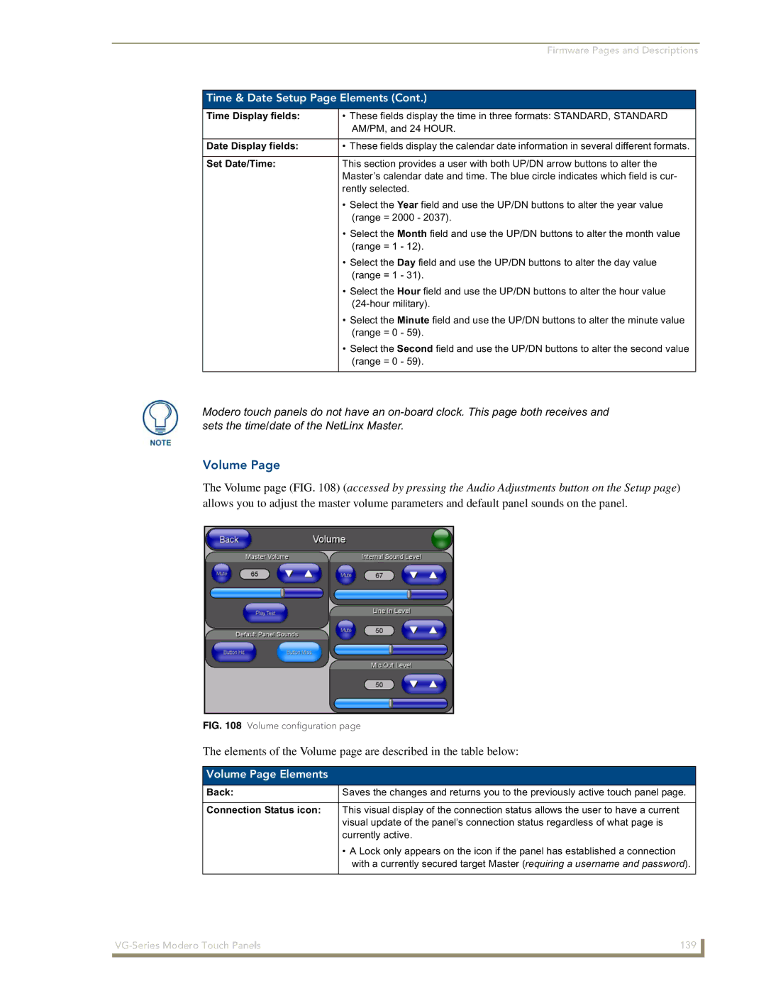 AMX NXD/NXT-1200VG, NXD/NXT-1500VG manual Volume Page Elements, Time Display fields, Date Display fields, Set Date/Time 