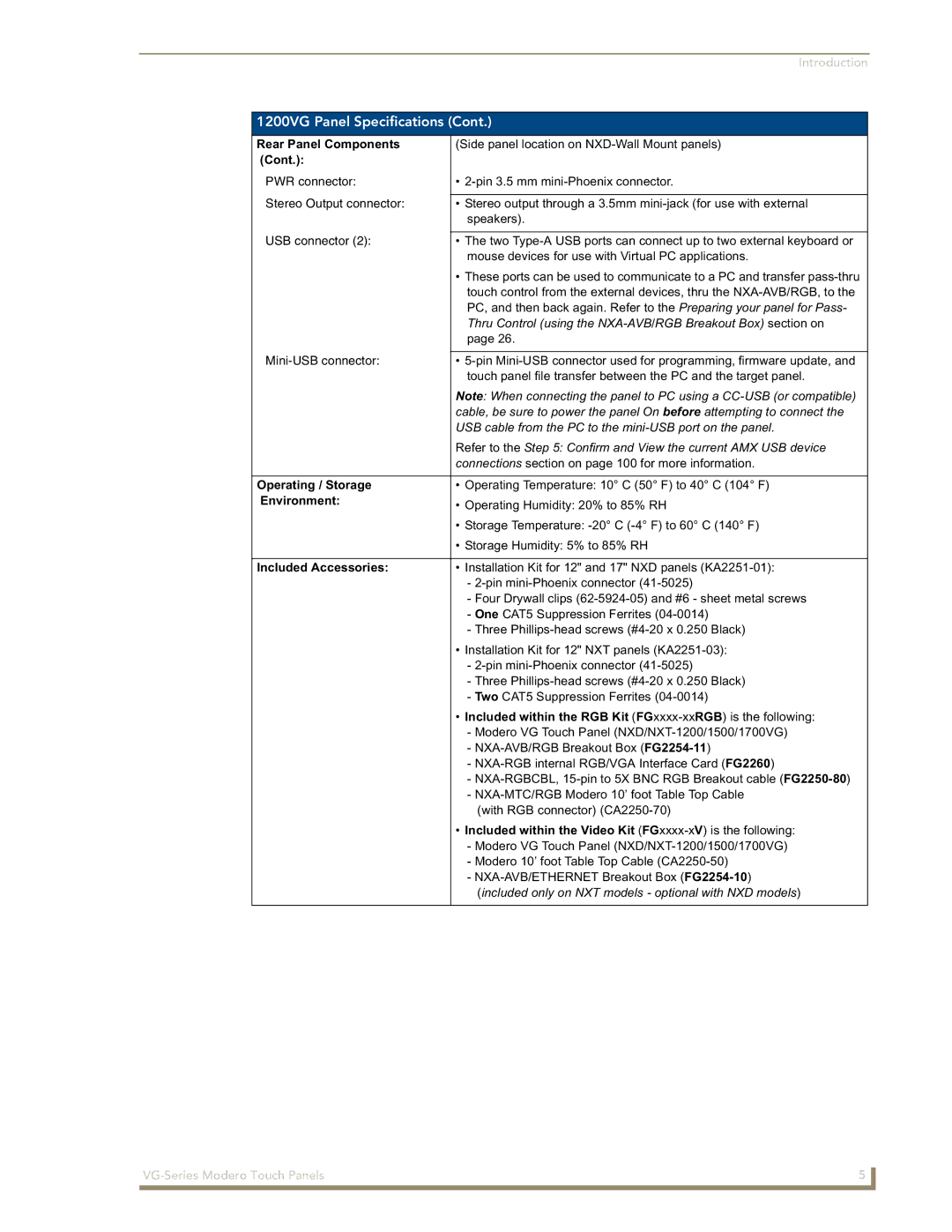 AMX NXD/NXT-1500VG, NXD/NXT-1700VG, NXD/NXT-1200VG manual Cont, Operating / Storage, Environment, Included Accessories 