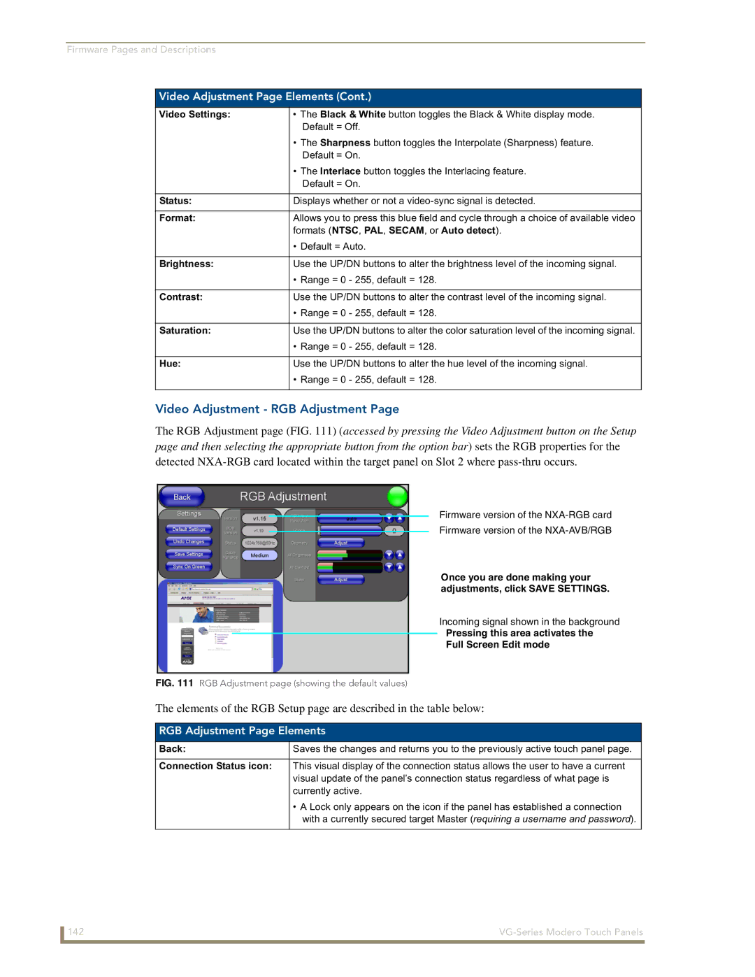 AMX NXD/NXT-1200VG, NXD/NXT-1500VG, NXD/NXT-1700VG manual Video Adjustment RGB Adjustment, RGB Adjustment Page Elements 