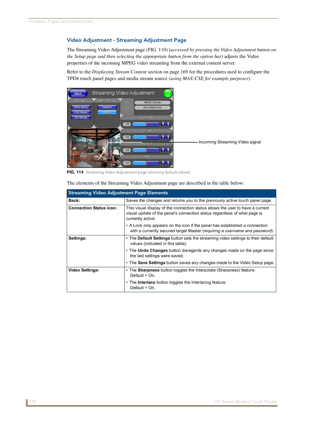 AMX NXD/NXT-1200VG, NXD/NXT-1500VG manual Video Adjustment Streaming Adjustment, Streaming Video Adjustment Page Elements 