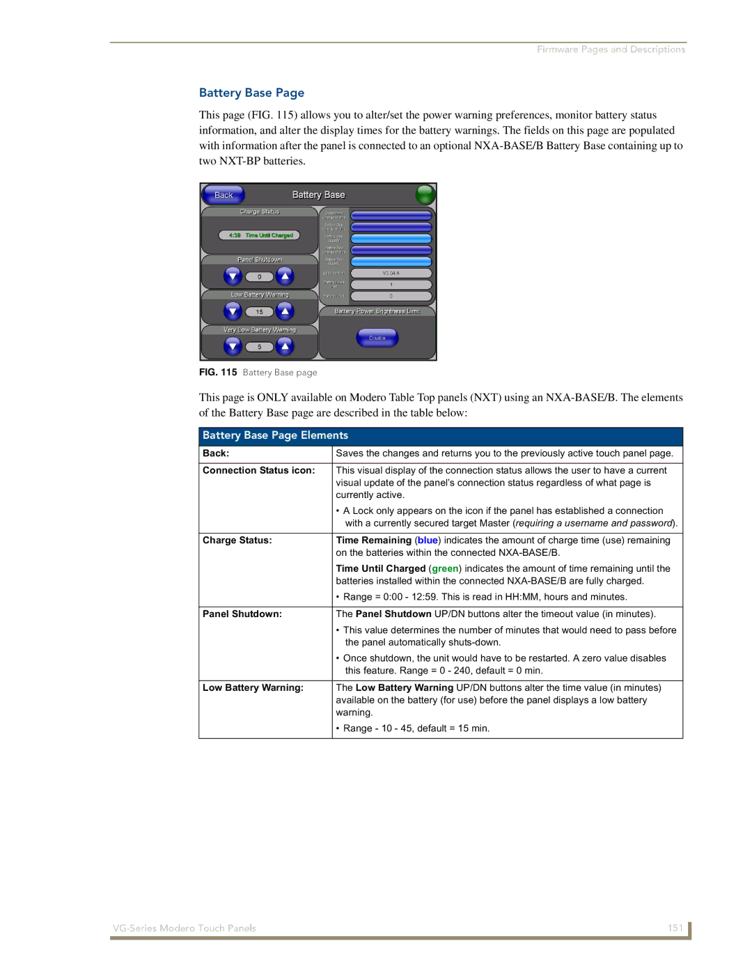 AMX NXD/NXT-1200VG, NXD/NXT-1500VG manual Battery Base Page Elements, Charge Status, Panel Shutdown, Low Battery Warning 