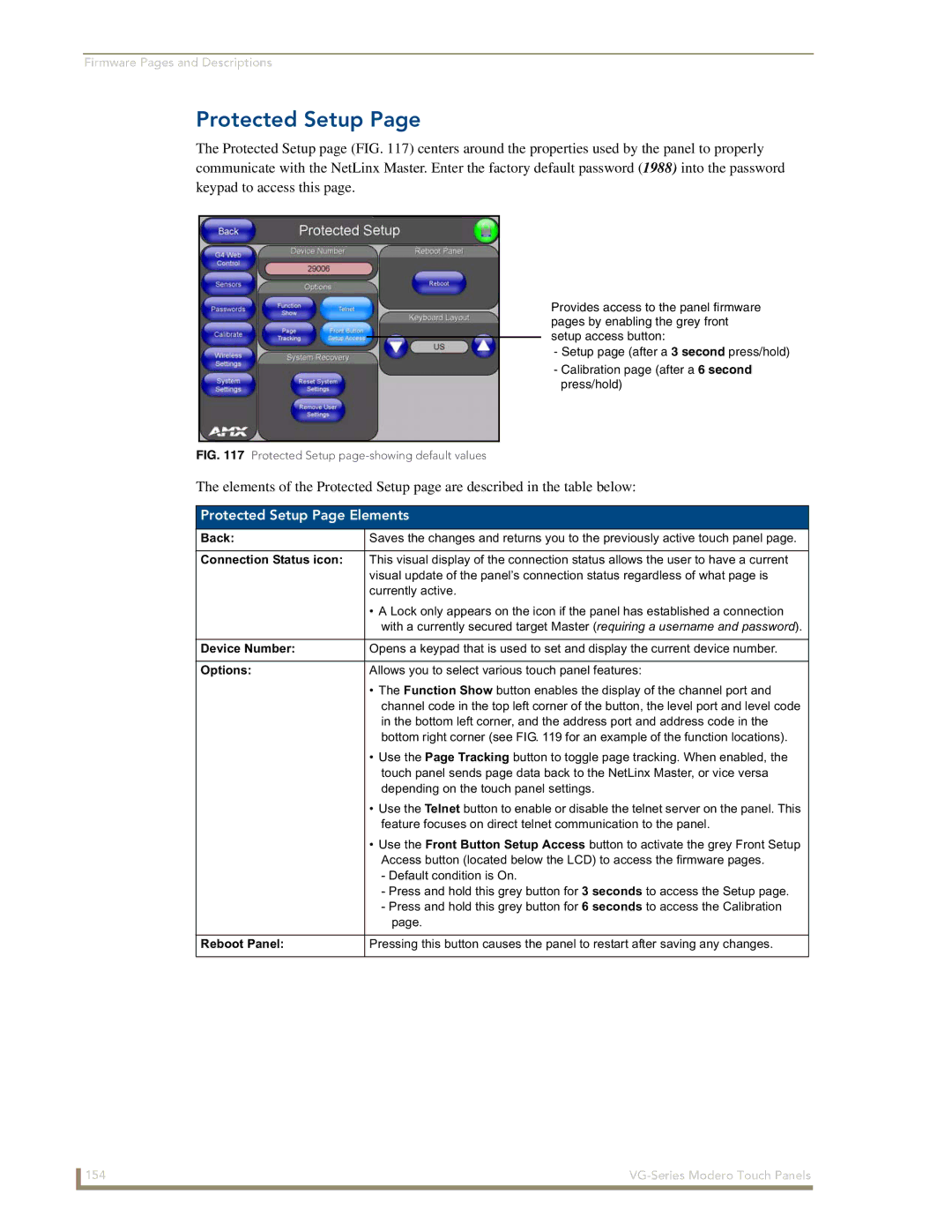 AMX NXD/NXT-1200VG, NXD/NXT-1500VG, NXD/NXT-1700VG Protected Setup Page Elements, Device Number, Options, Reboot Panel 