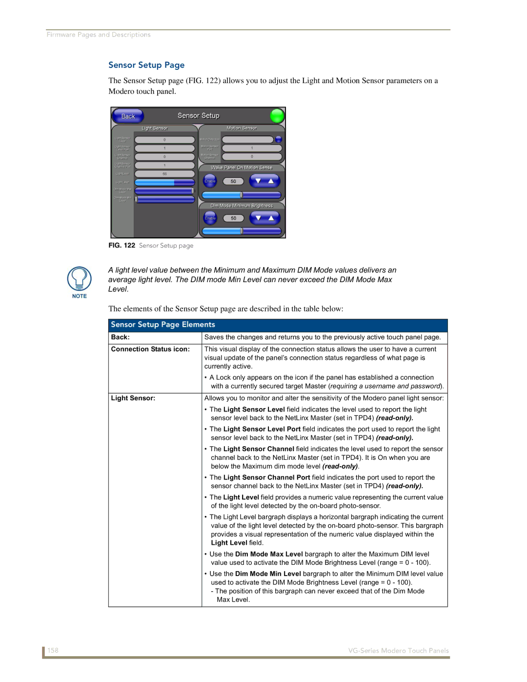 AMX NXD/NXT-1500VG, NXD/NXT-1700VG, NXD/NXT-1200VG manual Sensor Setup Page Elements, Light Sensor, Light Level field 