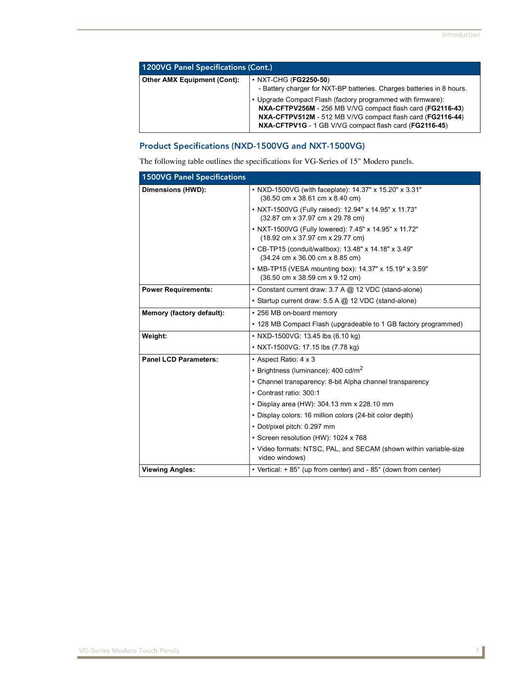 AMX NXD/NXT-1200VG, NXD/NXT-1500VG manual Product Specifications NXD-1500VG and NXT-1500VG, 1500VG Panel Specifications 