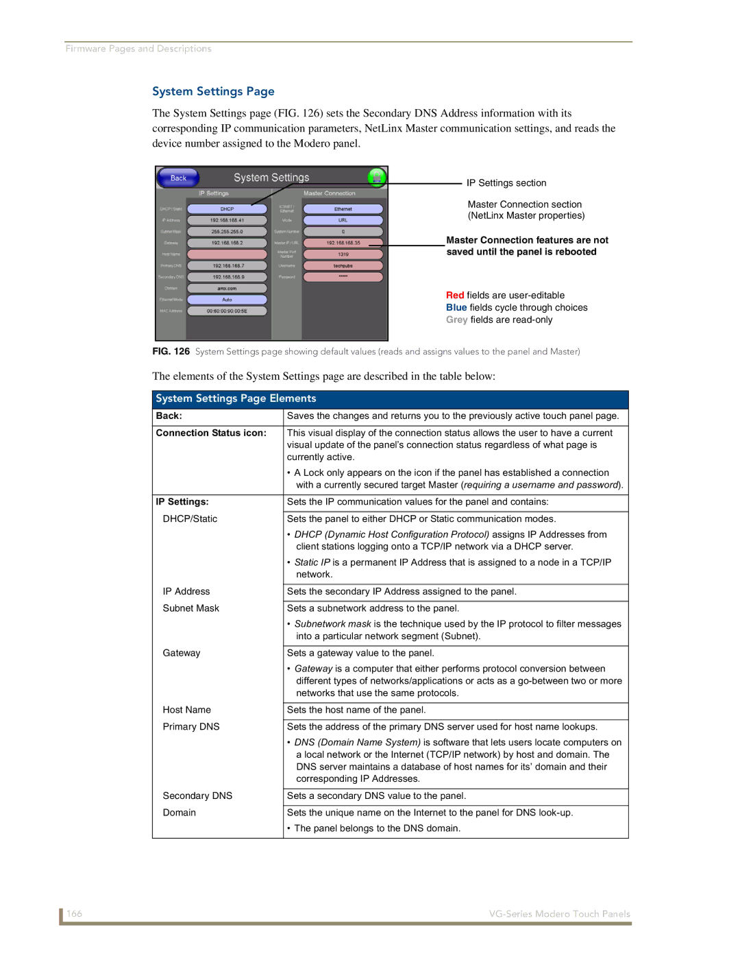 AMX NXD/NXT-1200VG, NXD/NXT-1500VG, NXD/NXT-1700VG manual System Settings Page Elements 