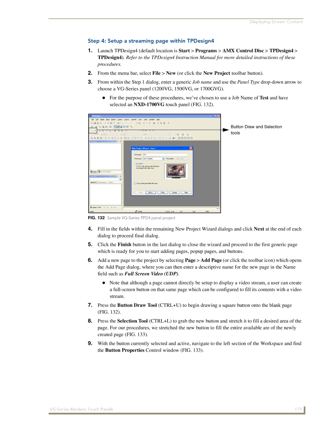 AMX NXD/NXT-1200VG, NXD/NXT-1500VG manual Setup a streaming page within TPDesign4, Sample VG-Series TPD4 panel project 