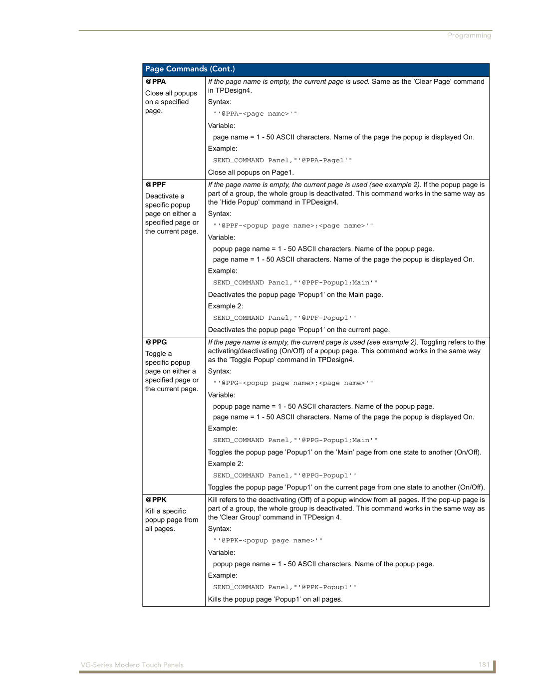 AMX NXD/NXT-1200VG, NXD/NXT-1500VG, NXD/NXT-1700VG manual Commands 