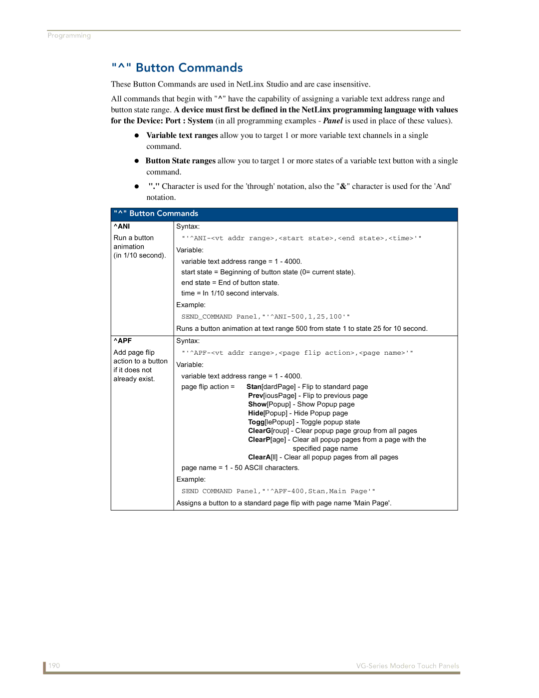 AMX NXD/NXT-1200VG, NXD/NXT-1500VG, NXD/NXT-1700VG manual Button Commands, Ani, Apf 