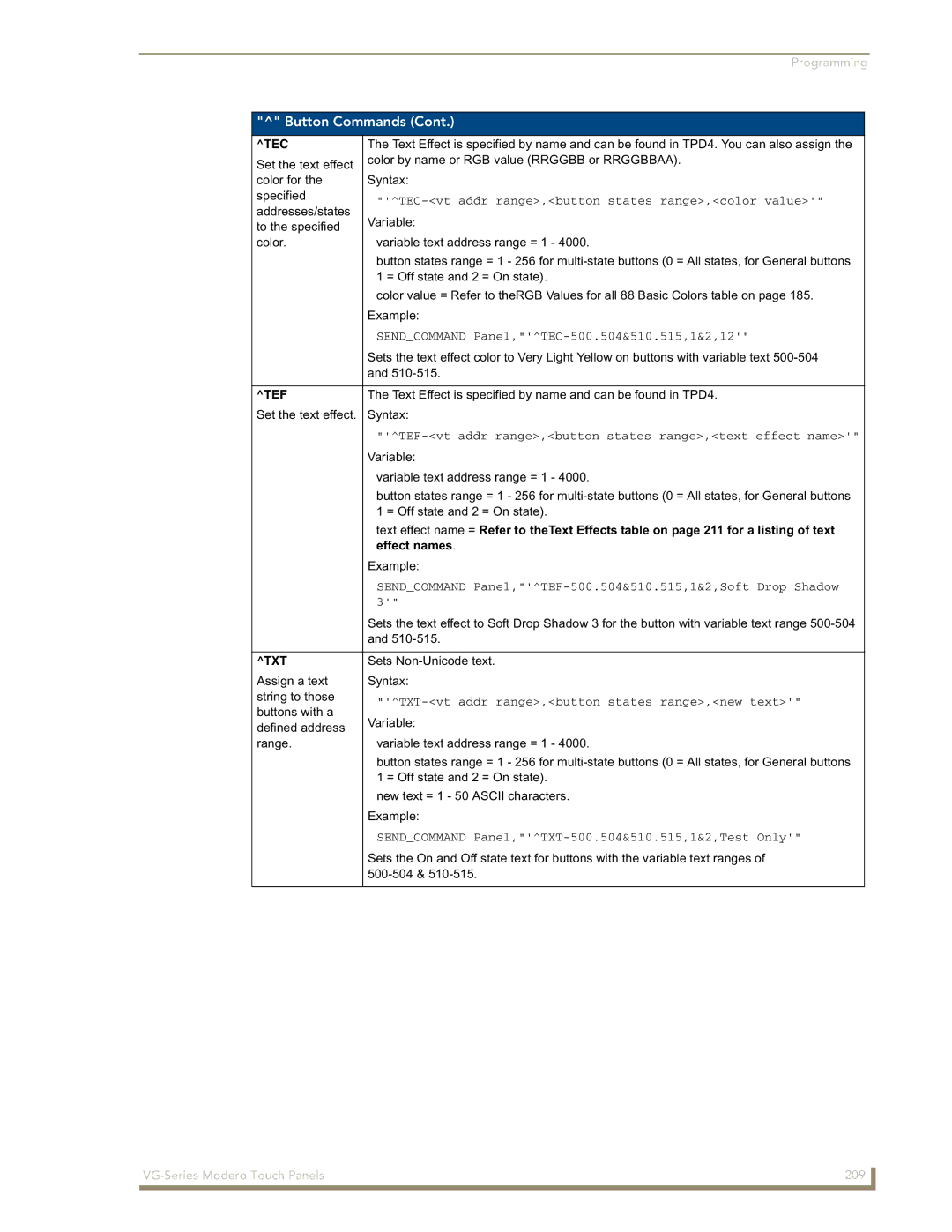 AMX NXD/NXT-1500VG, NXD/NXT-1700VG, NXD/NXT-1200VG manual Tec, Tef, Effect names, Txt 