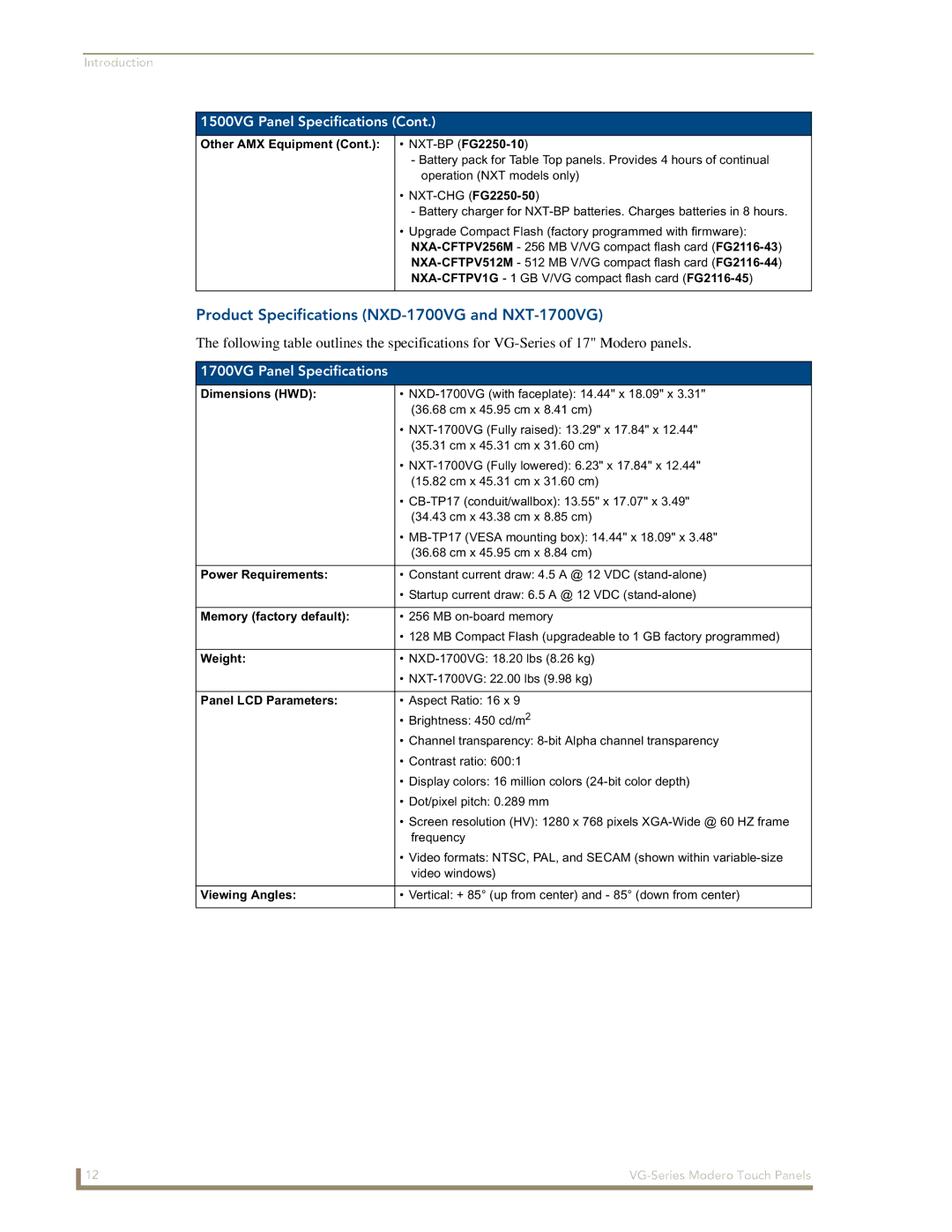 AMX NXD/NXT-1700VG, NXD/NXT-1500VG manual Product Specifications NXD-1700VG and NXT-1700VG, 1700VG Panel Specifications 