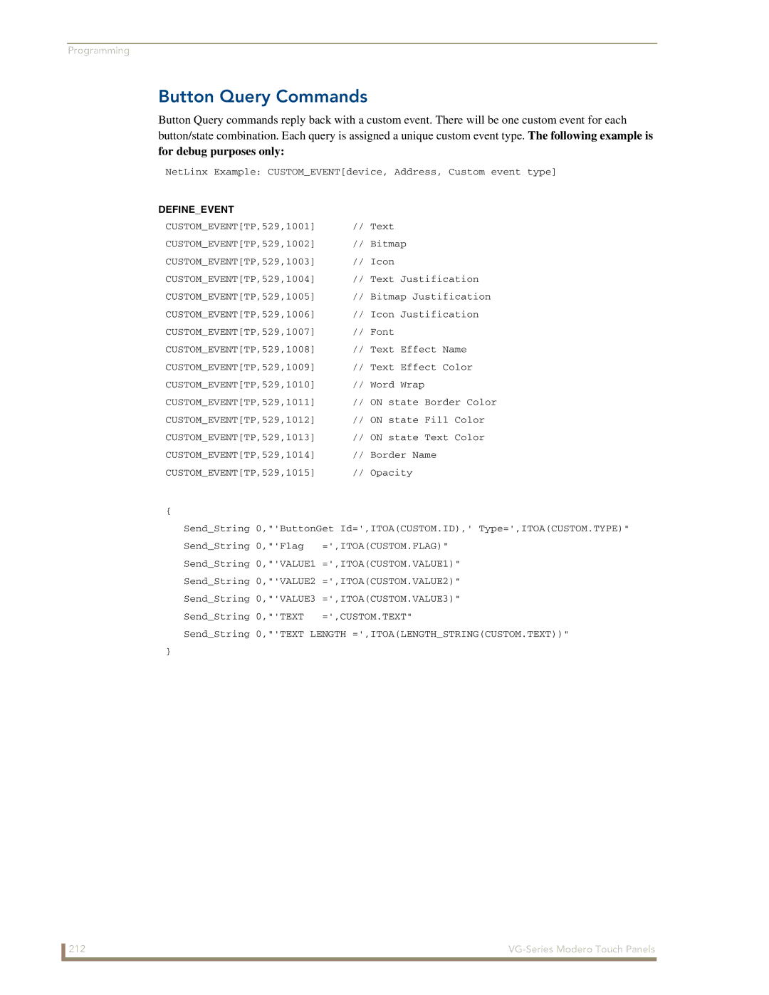 AMX NXD/NXT-1500VG, NXD/NXT-1700VG, NXD/NXT-1200VG manual Button Query Commands, Defineevent 