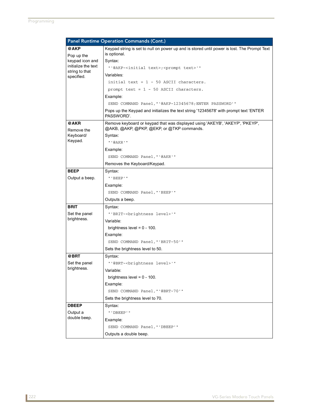 AMX NXD/NXT-1700VG, NXD/NXT-1500VG, NXD/NXT-1200VG manual @Akp, @Akr, Beep, Brit, @Brt, Dbeep 