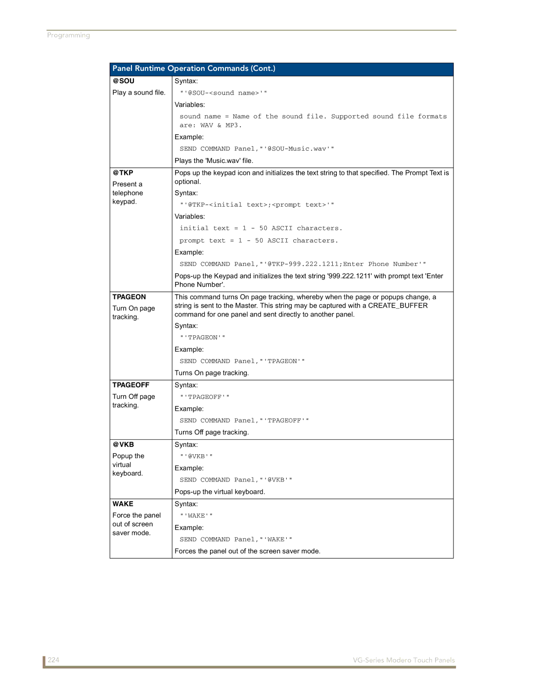 AMX NXD/NXT-1500VG, NXD/NXT-1700VG, NXD/NXT-1200VG manual @Sou, @Tkp, Tpageon, Tpageoff, @Vkb, Wake 