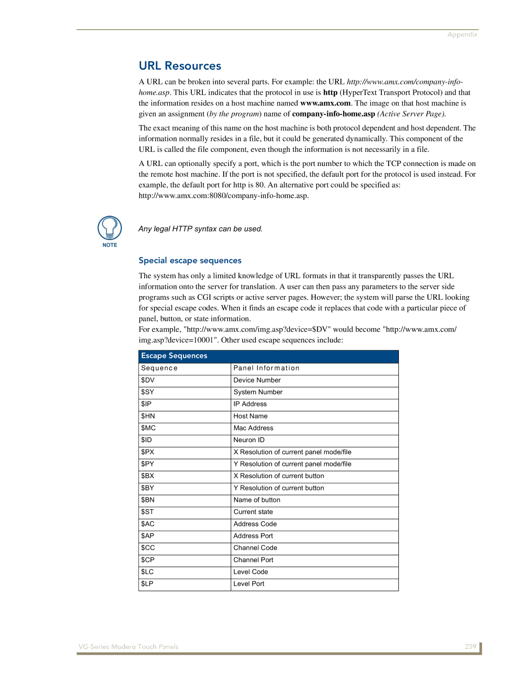 AMX NXD/NXT-1500VG, NXD/NXT-1700VG URL Resources, Special escape sequences, Escape Sequences, Sequence Panel Information 