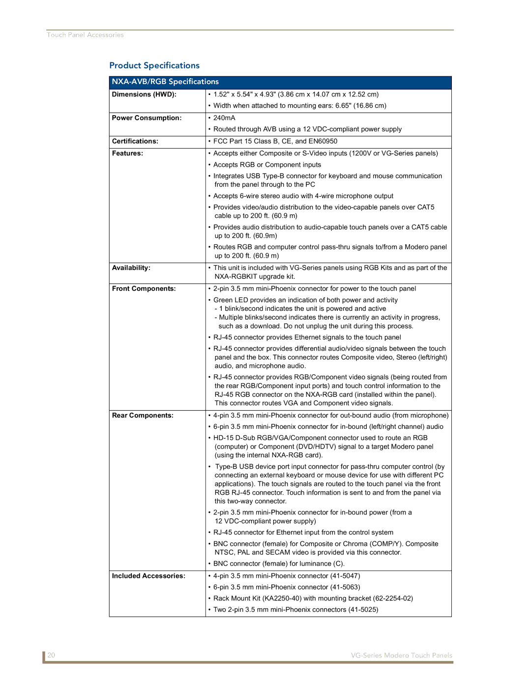 AMX NXD/NXT-1500VG, NXD/NXT-1700VG, NXD/NXT-1200VG manual Product Specifications, NXA-AVB/RGB Specifications 