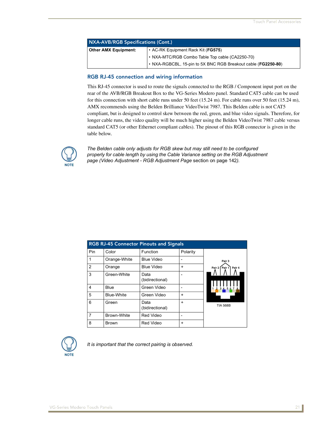 AMX NXD/NXT-1700VG, NXD/NXT-1500VG RGB RJ-45 connection and wiring information, RGB RJ-45 Connector Pinouts and Signals 