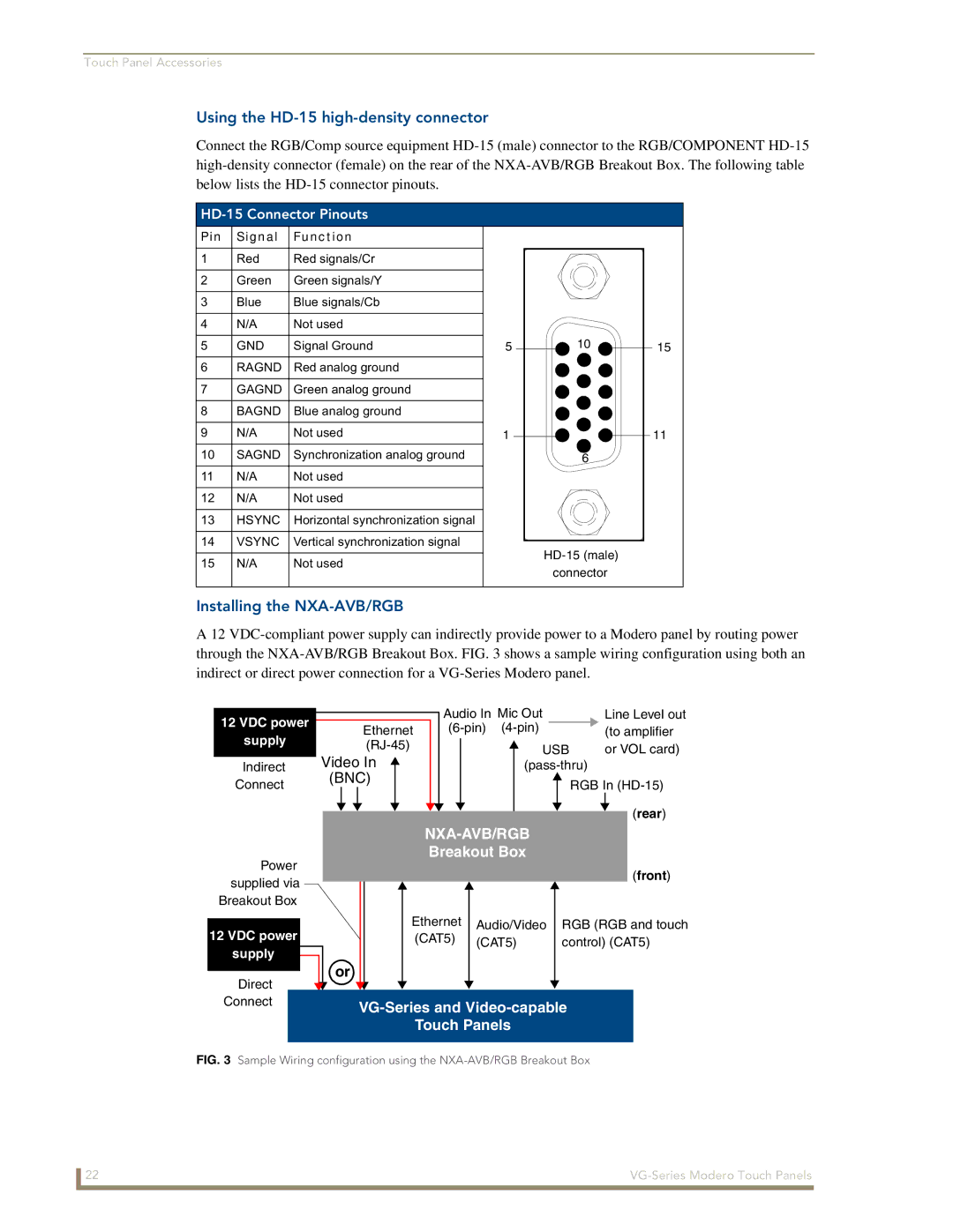 AMX NXD/NXT-1200VG manual Using the HD-15 high-density connector, Installing the NXA-AVB/RGB, HD-15 Connector Pinouts 