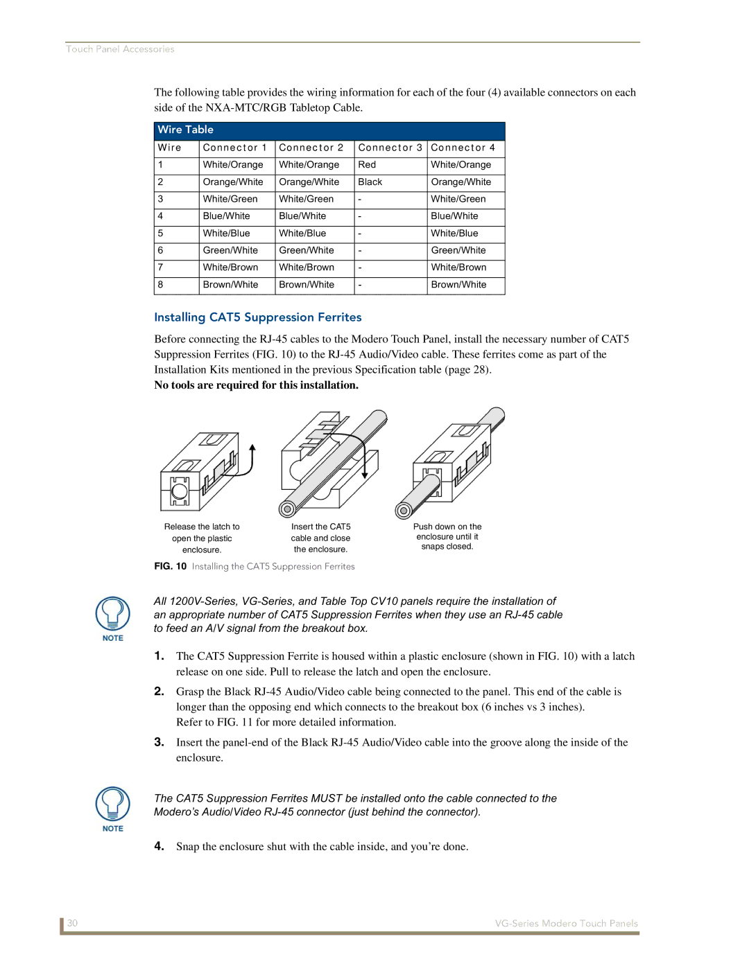 AMX NXD/NXT-1700VG, NXD/NXT-1500VG, NXD/NXT-1200VG manual Installing CAT5 Suppression Ferrites, Wire Table, Wire Connector 