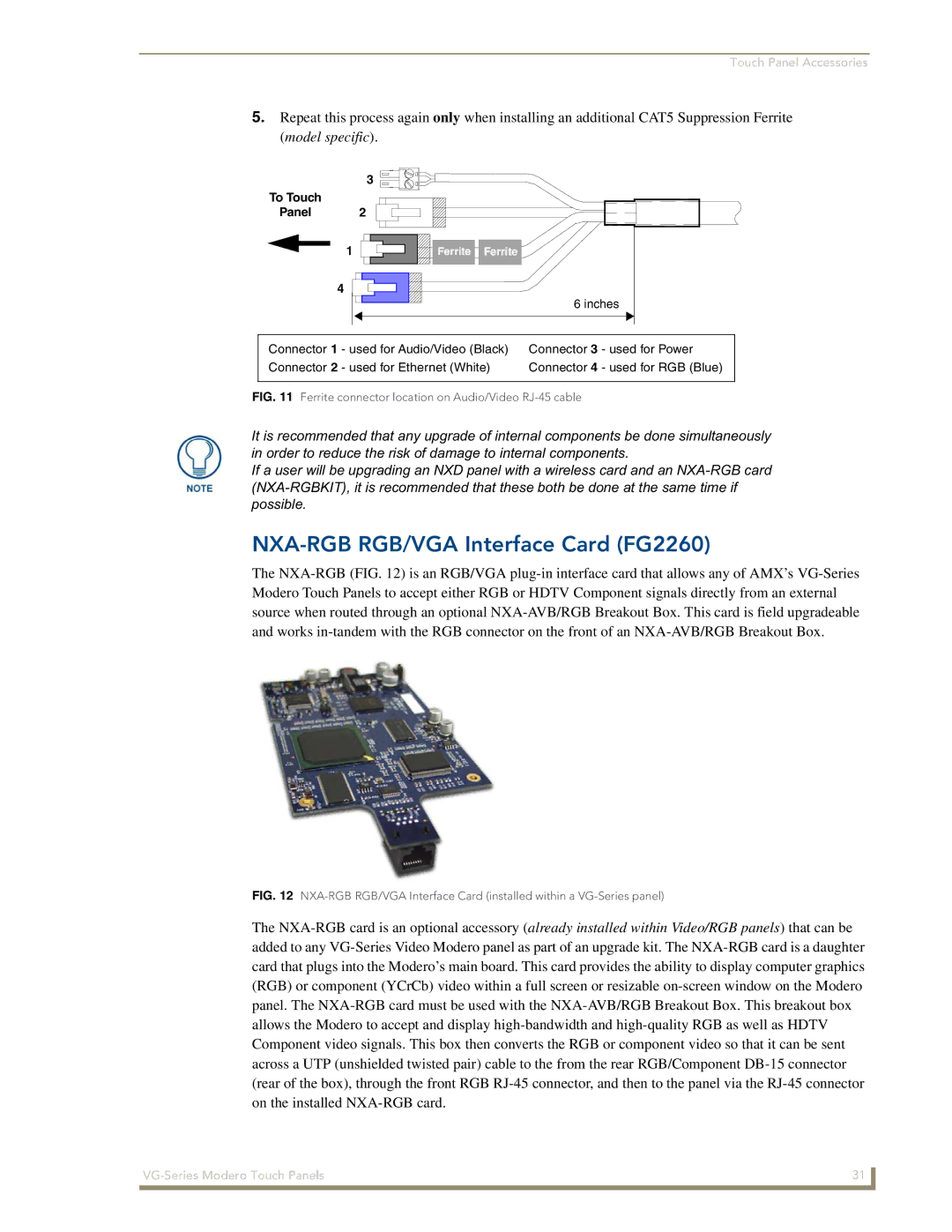 AMX NXD/NXT-1200VG manual NXA-RGB RGB/VGA Interface Card FG2260, Ferrite connector location on Audio/Video RJ-45 cable 