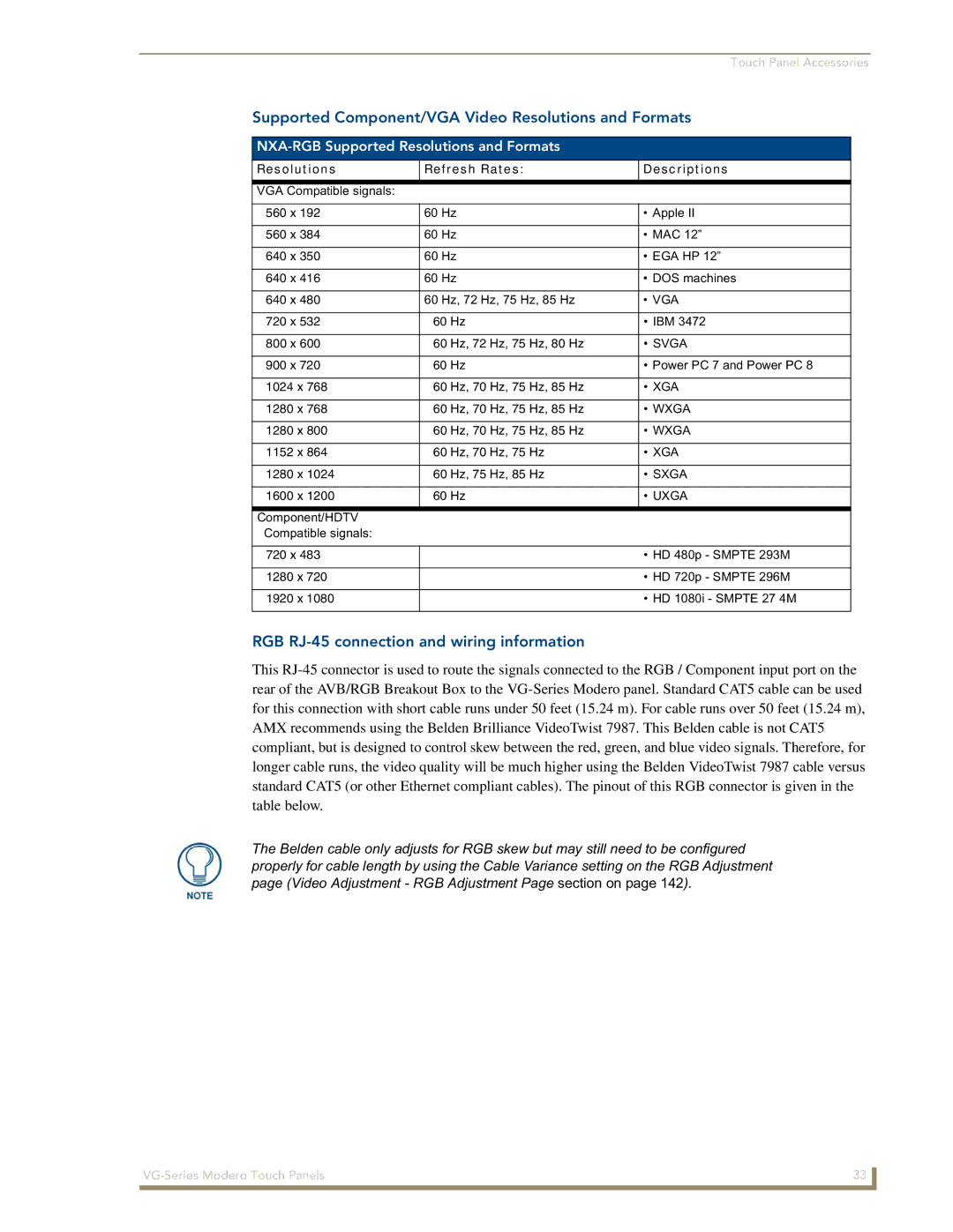 AMX NXD/NXT-1700VG manual Supported Component/VGA Video Resolutions and Formats, NXA-RGB Supported Resolutions and Formats 