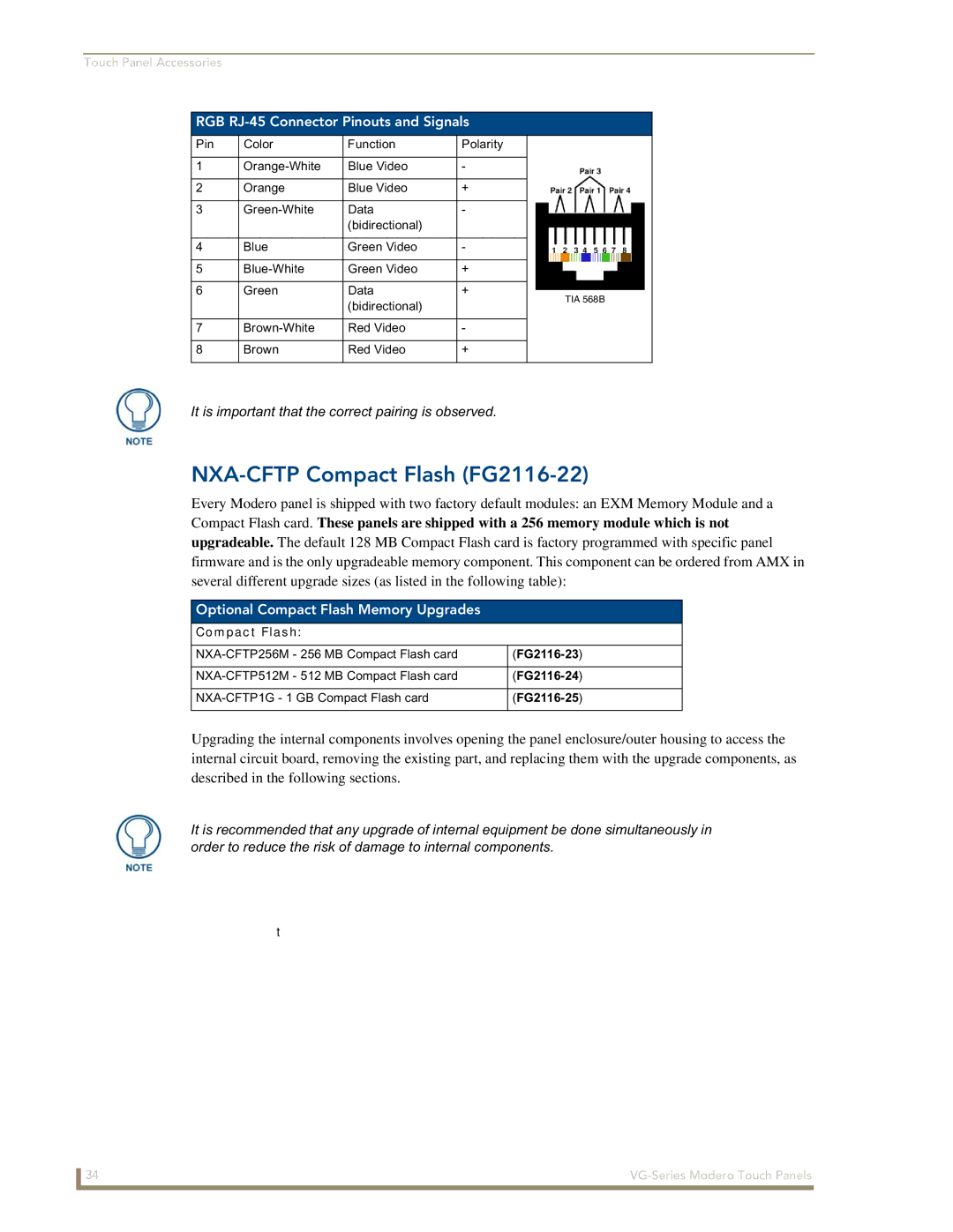 AMX NXD/NXT-1200VG, NXD/NXT-1500VG, NXD/NXT-1700VG NXA-CFTP Compact Flash FG2116-22, Optional Compact Flash Memory Upgrades 