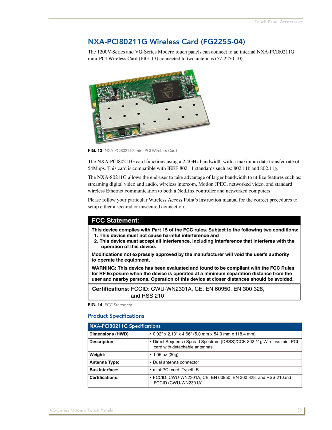 AMX NXD/NXT-1500VG manual NXA-PCI80211G Wireless Card FG2255-04, NXA-PCI80211G Specifications, Description, Antenna Type 