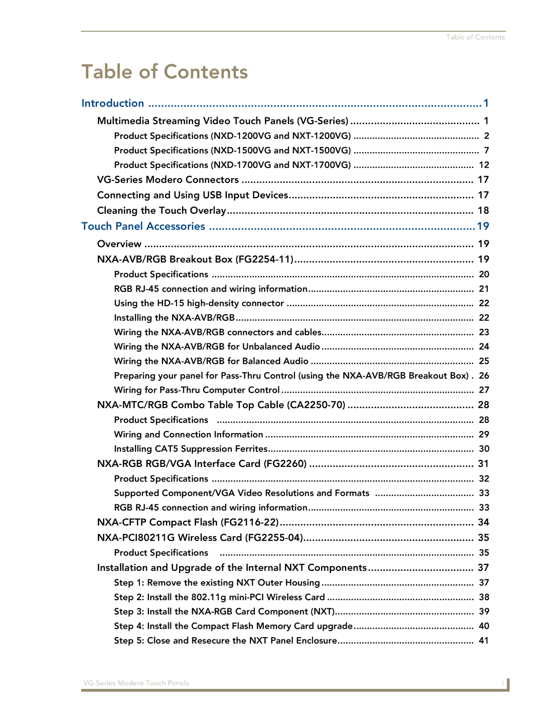 AMX NXD/NXT-1200VG, NXD/NXT-1500VG, NXD/NXT-1700VG manual Table of Contents 