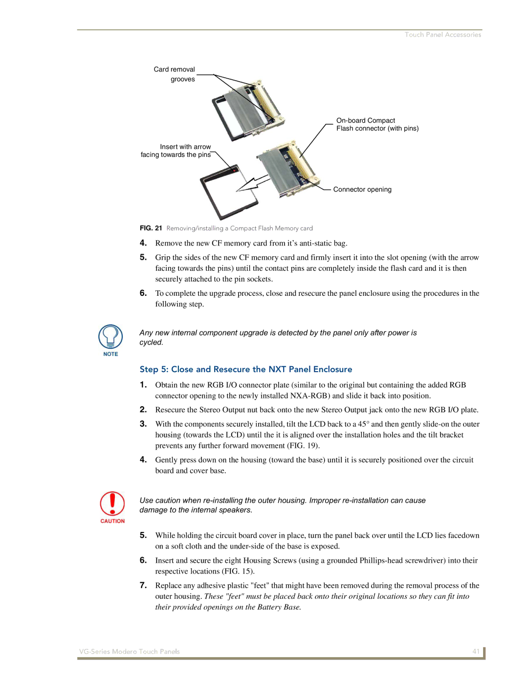 AMX NXD/NXT-1500VG manual Close and Resecure the NXT Panel Enclosure, Removing/installing a Compact Flash Memory card 