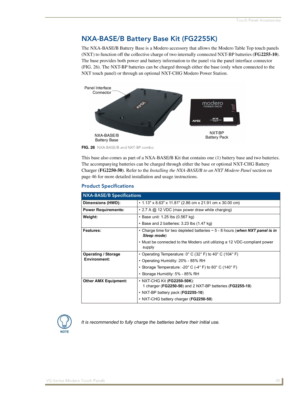 AMX NXD/NXT-1700VG, NXD/NXT-1500VG, NXD/NXT-1200VG manual NXA-BASE/B Battery Base Kit FG2255K, NXA-BASE/B Specifications 