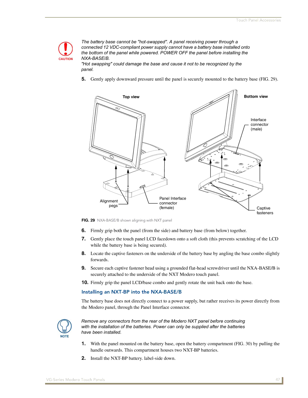 AMX NXD/NXT-1500VG, NXD/NXT-1700VG, NXD/NXT-1200VG manual Installing an NXT-BP into the NXA-BASE/B, Top view 