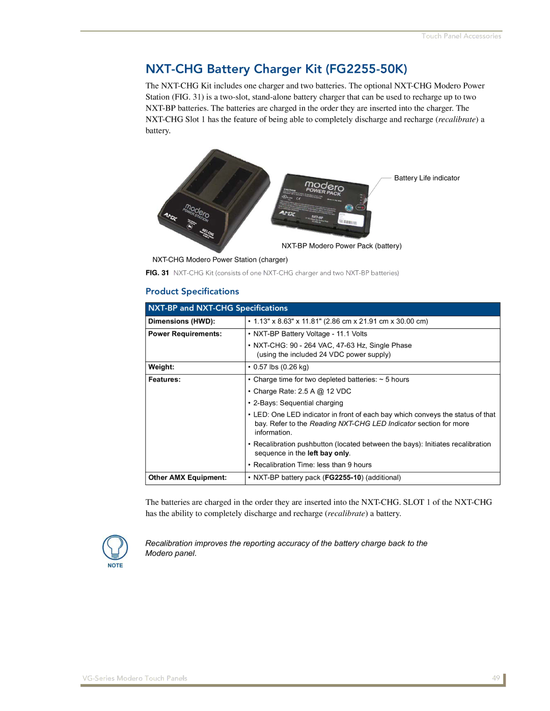 AMX NXD/NXT-1200VG, NXD/NXT-1500VG manual NXT-CHG Battery Charger Kit FG2255-50K, NXT-BP and NXT-CHG Specifications 