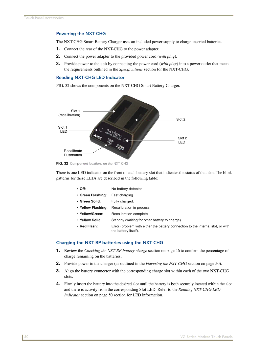 AMX NXD/NXT-1500VG Powering the NXT-CHG, Reading NXT-CHG LED Indicator, Charging the NXT-BP batteries using the NXT-CHG 