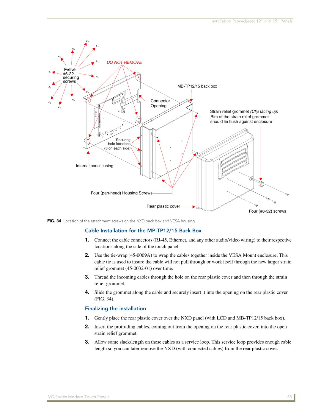 AMX NXD/NXT-1200VG, NXD/NXT-1500VG manual Cable Installation for the MP-TP12/15 Back Box, Finalizing the installation 