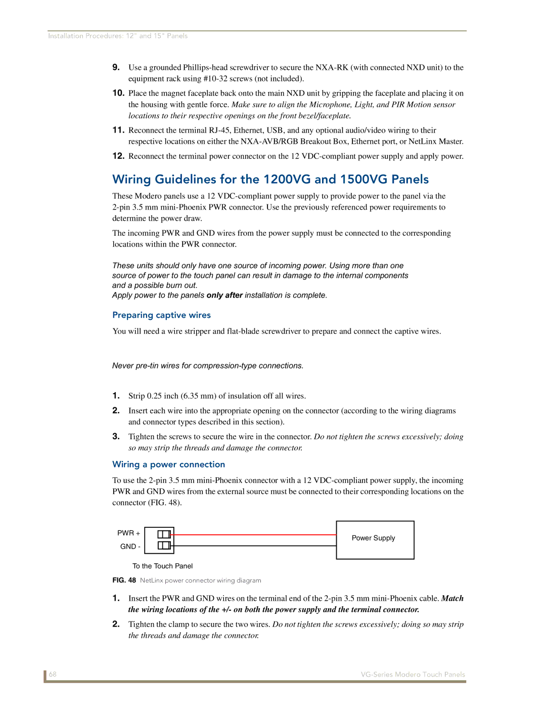 AMX NXD/NXT-1500VG Wiring Guidelines for the 1200VG and 1500VG Panels, Preparing captive wires, Wiring a power connection 