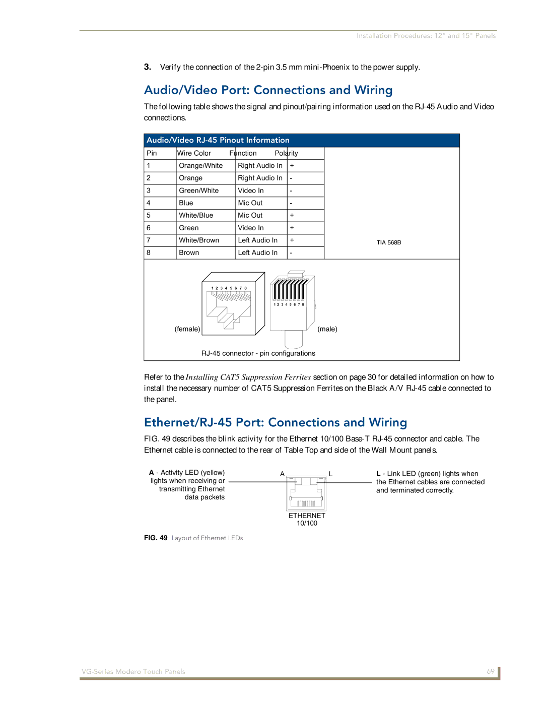 AMX NXD/NXT-1700VG, NXD/NXT-1500VG Audio/Video Port Connections and Wiring, Ethernet/RJ-45 Port Connections and Wiring 