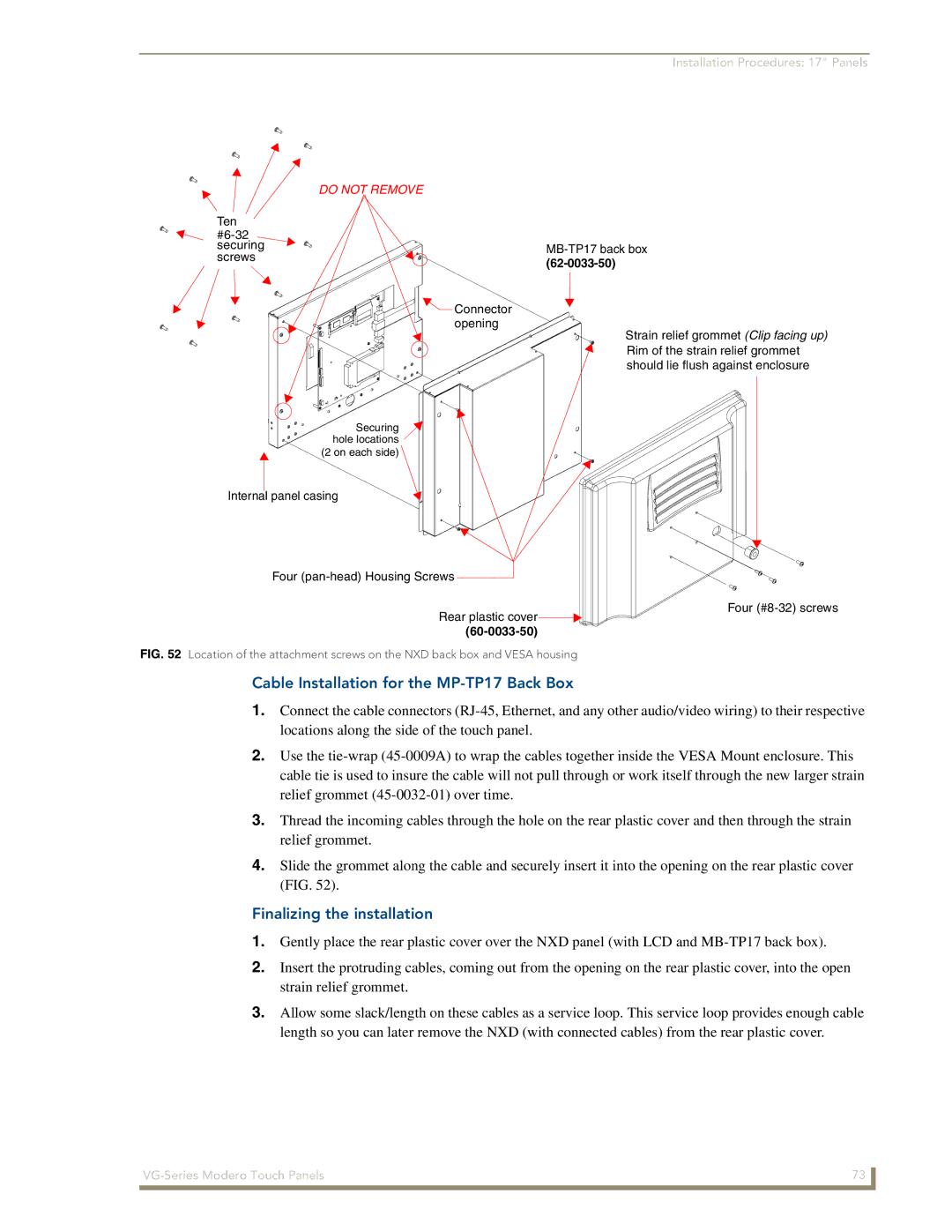 AMX NXD/NXT-1200VG, NXD/NXT-1500VG, NXD/NXT-1700VG manual Cable Installation for the MP-TP17 Back Box, 62-0033-50 