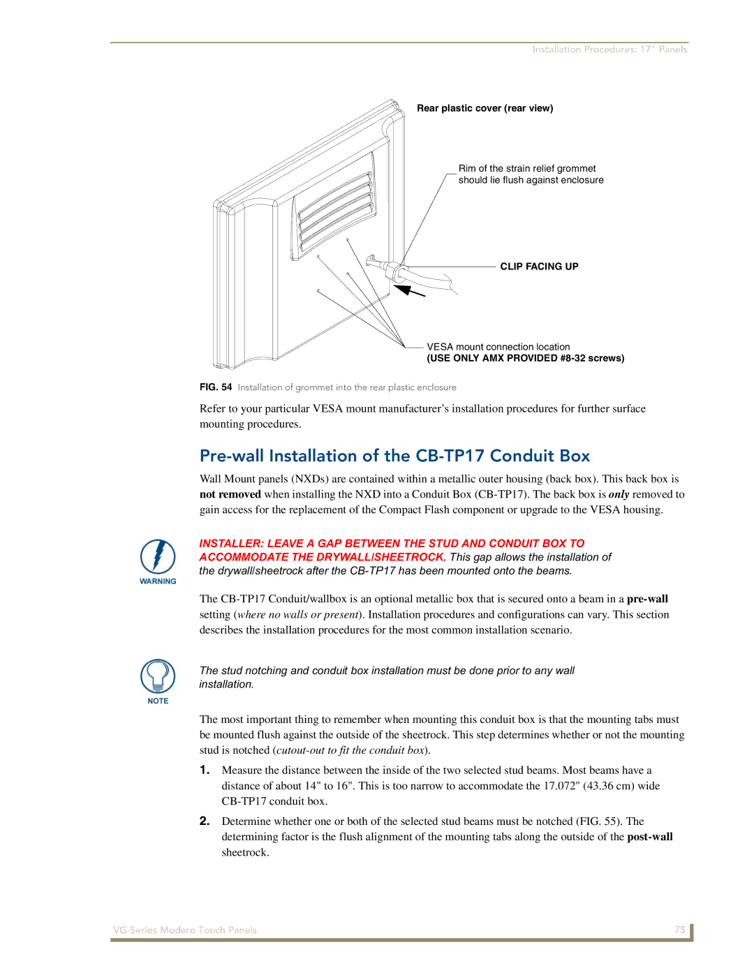 AMX NXD/NXT-1700VG, NXD/NXT-1500VG, NXD/NXT-1200VG manual Pre-wall Installation of the CB-TP17 Conduit Box, Clip Facing UP 