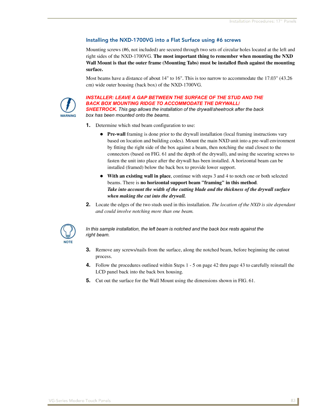 AMX NXD/NXT-1500VG, NXD/NXT-1700VG, NXD/NXT-1200VG manual Installation Procedures 17 Panels 