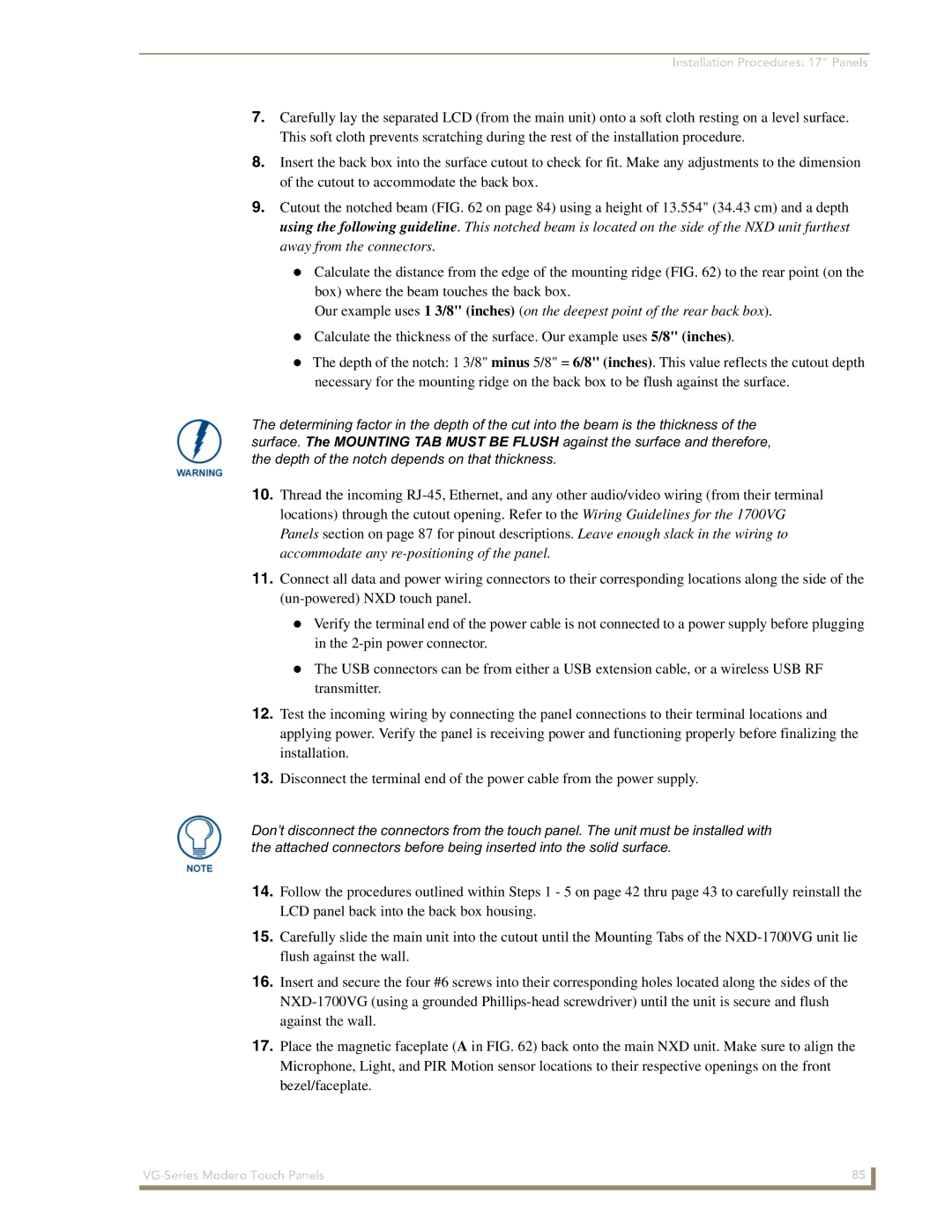 AMX NXD/NXT-1200VG, NXD/NXT-1500VG, NXD/NXT-1700VG manual Installation Procedures 17 Panels 