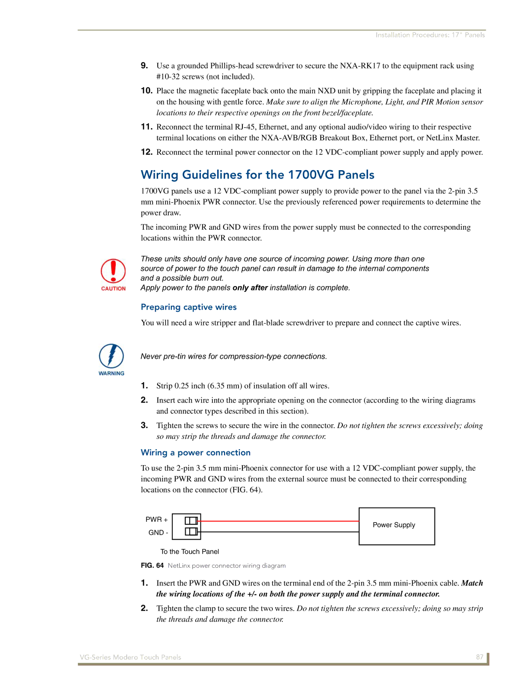 AMX NXD/NXT-1700VG, NXD/NXT-1500VG, NXD/NXT-1200VG manual Wiring Guidelines for the 1700VG Panels, Preparing captive wires 