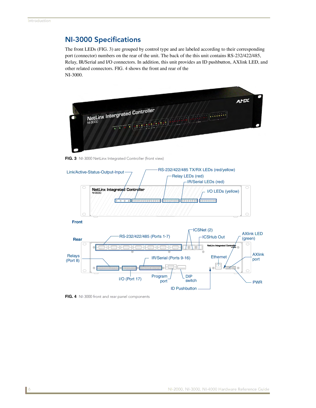 AMX NXI-x000 Series manual NI-3000 Specifications, NI-3000 NetLinx Integrated Controller front view 